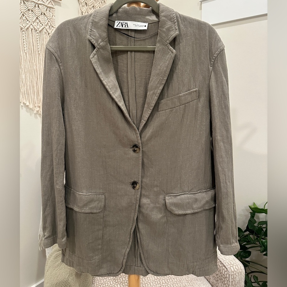 Zara Linen Blend Blazer Taupe Lightweight Jacket Women’s Small